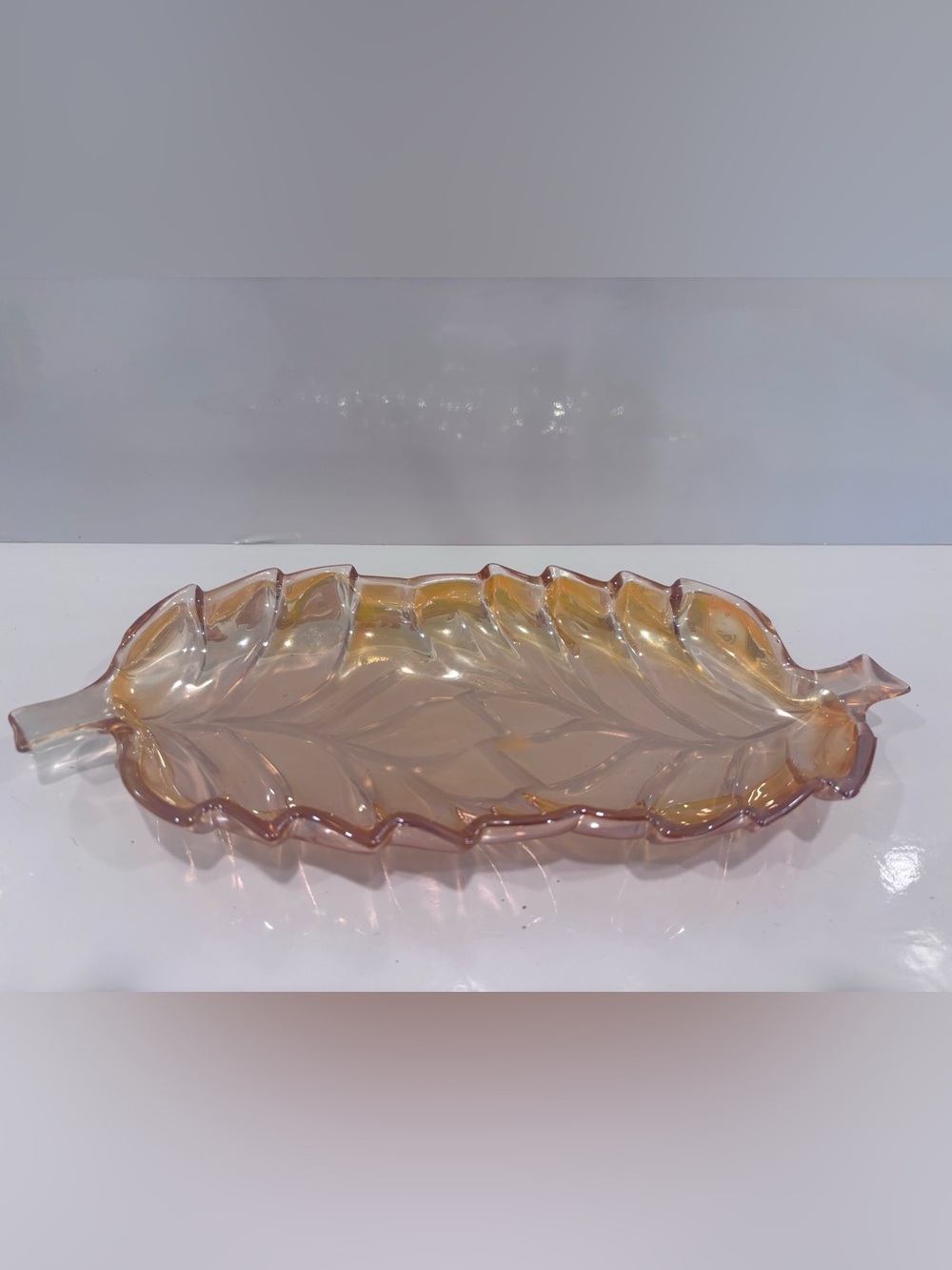 Vintage Pink- Amber Carnival Glass Leaf Shaped Serving Tray Iridescent 11”